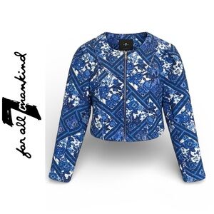 7 For All Mankind Blue and White Patterned Quilted Crop Jacket